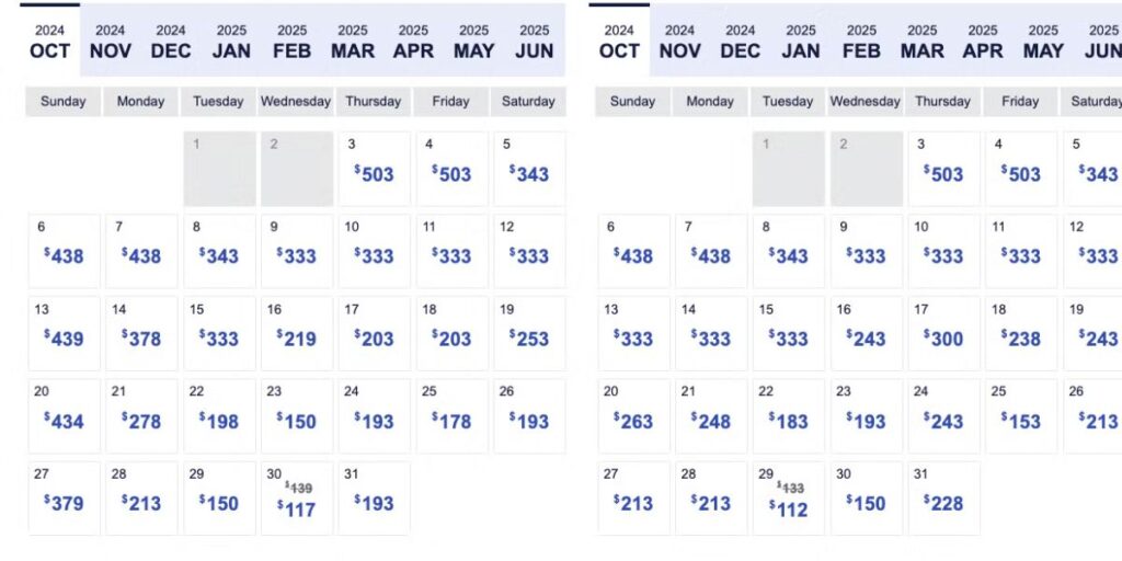 Low fare Calendar for Southwest Airlines 